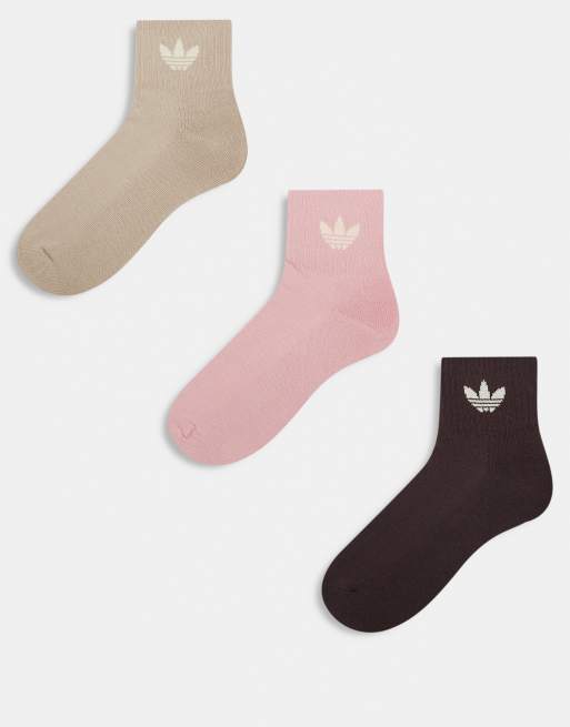adidas Originals adicolor Trefoil 3 pack of ankle socks in brown and pink