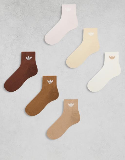 adidas Originals – adicolor Trefoil – 6er-Pack Knöchel-Socken in Brauntönen und Cremeweiß mit Dreiblatt-Logo 