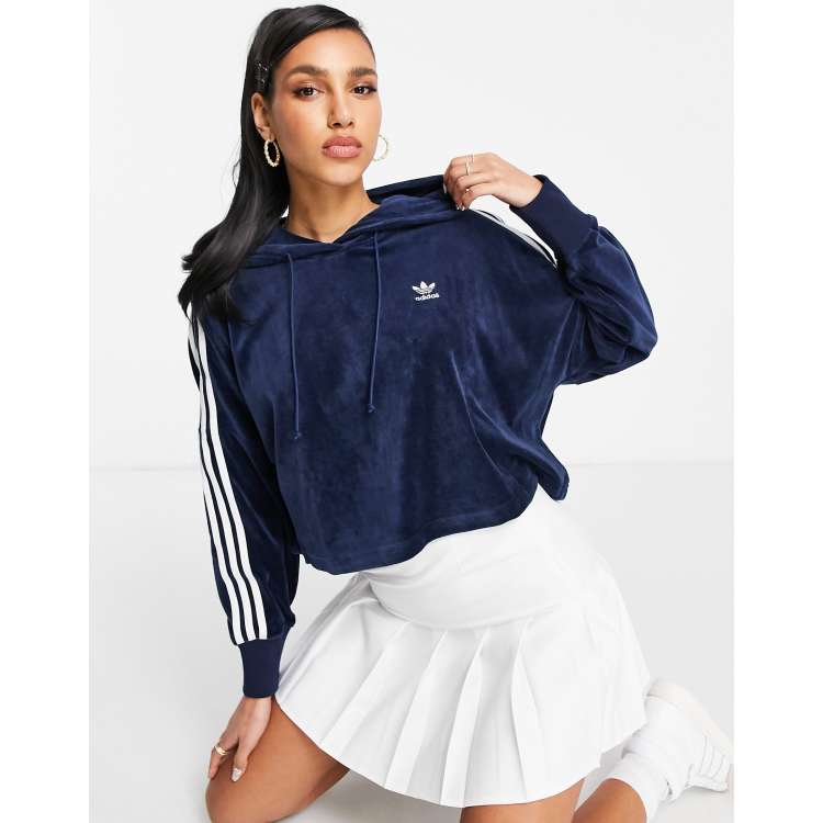 adidas Originals adicolor velour cropped logo three stripe hoodie in