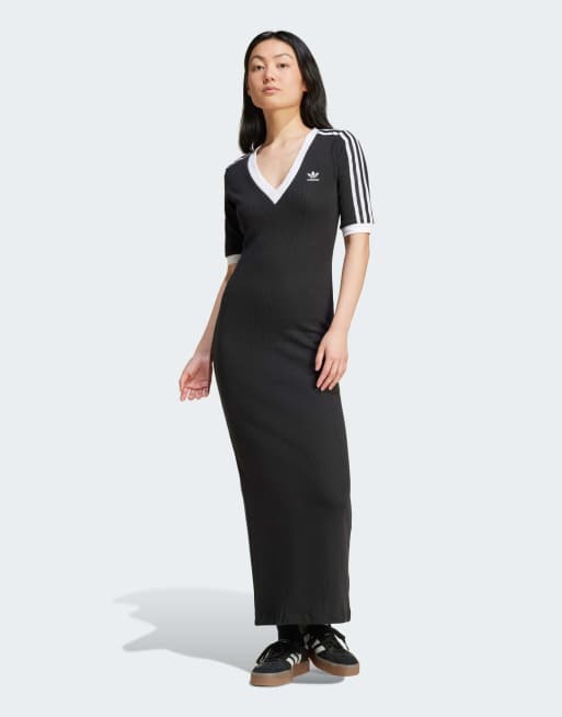 adidas Originals - adicolor - Vestito nero in maglia con scollo a V e 3 strisce