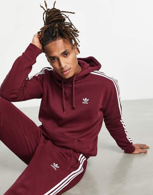 adidas Originals – adicolor – Vinröd huvtröja med 3 ränder