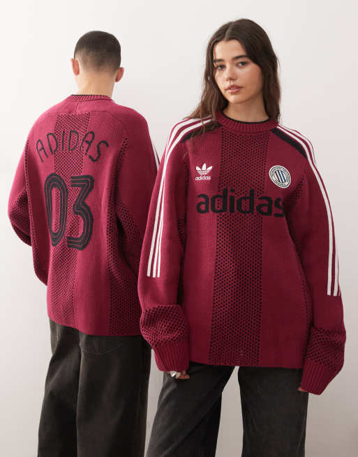 adidas Originals – Adicolor – Vinröd, stickad tröja i jersey