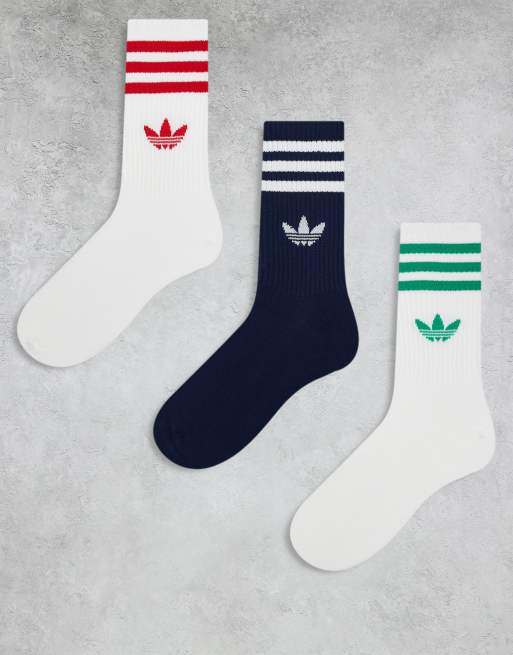 adidas Originals – adicolor – Vita och marinblå strumpor med treklöverlogga, 3-pack