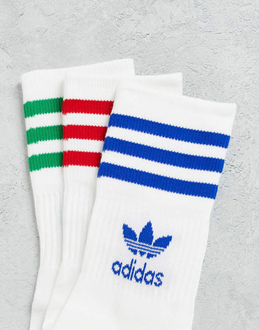 adidas Originals adicolor Zestaw 3 par bia ych skarpetek z trzema kolorowymi paskami i logo Trefoil ASOS