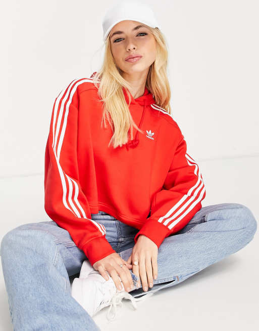 adidas Originals adicolour 3 stripe cropped hoodie in red