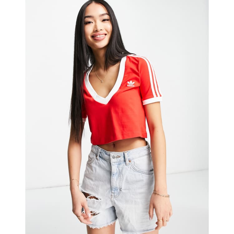 adidas Originals adicolour stripe cropped top with v-neck in red