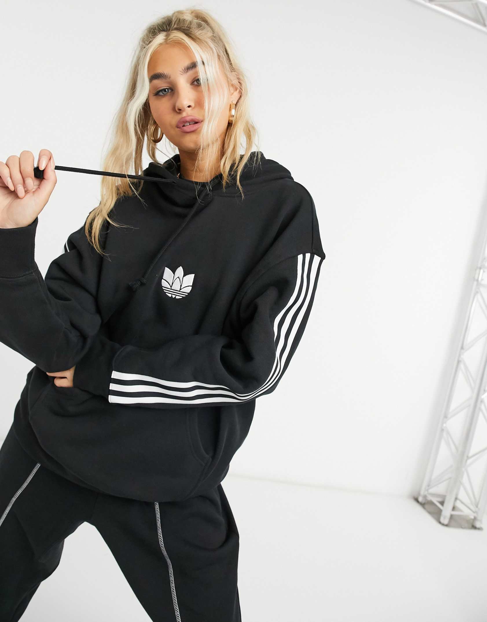 adidas Originals adicolour 3D logo three stripe oversized hoodie in black ASOS Price Checker