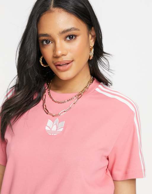 adidas Originals adicolour 3D logo three stripe t shirt in hazy rose