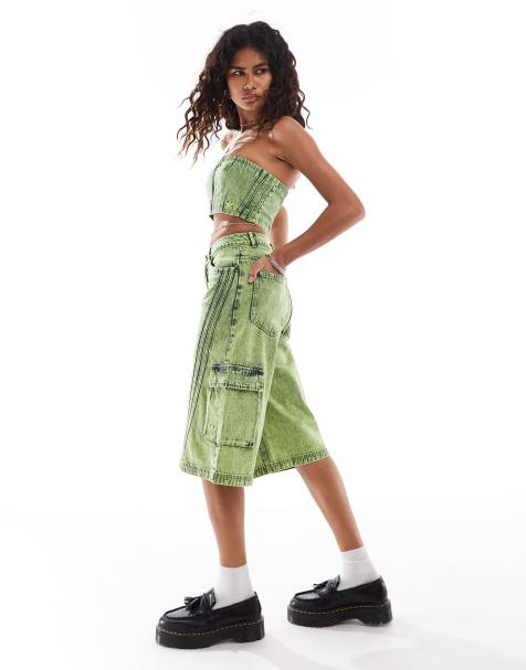 adidas Originals – Adilenium – Capri-Shorts aus Denim in limettengrüner Waschung, Kombiteil - view 1