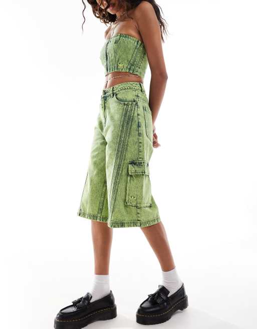 adidas Originals Adilenium denim capri short co-ord in lime