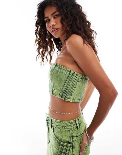 adidas Originals Adilenium denim tube top co-ord in lime wash