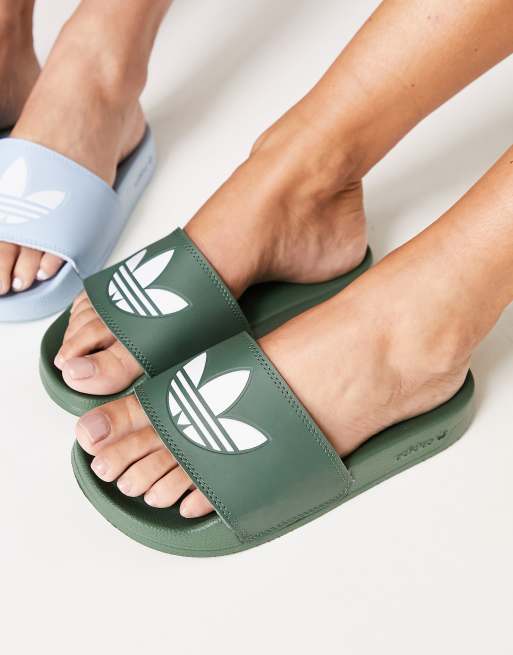 Khaki green cheap adidas sliders