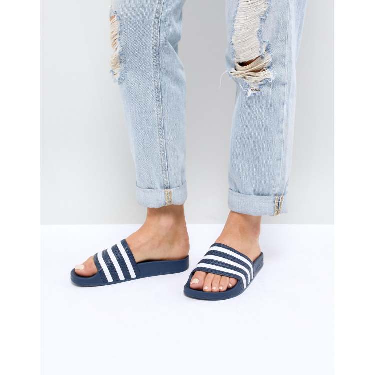 adidas Originals Adilette Slider Sandals In Navy And White