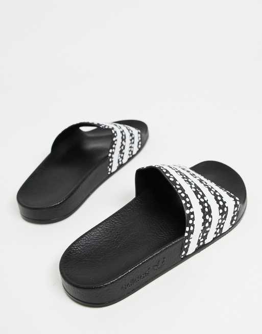 Adidas originals adilette sliders in black 2025 with polka dots