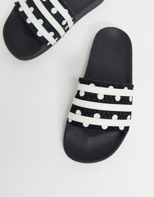 adidas originals adilette sliders in black with polka dots