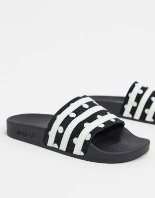 adidas originals adilette sliders in black with polka dots