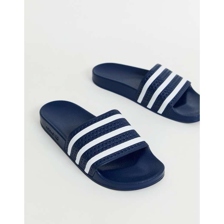 Adidas originals white and shop navy adilette slider sandals