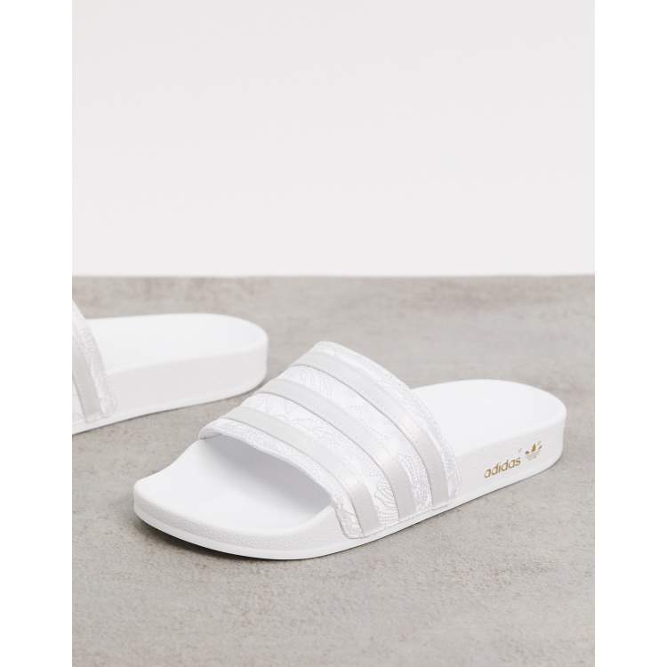 White and best sale silver adidas sliders