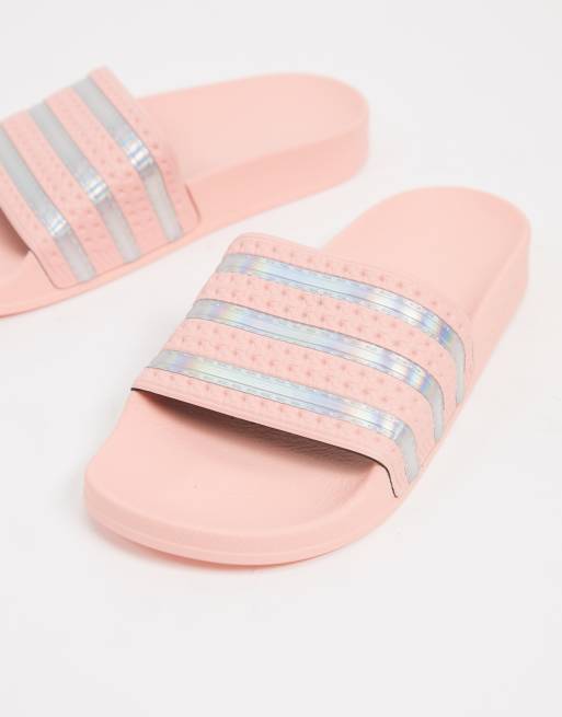 adidas Originals adilette slides in pink and silver | ASOS