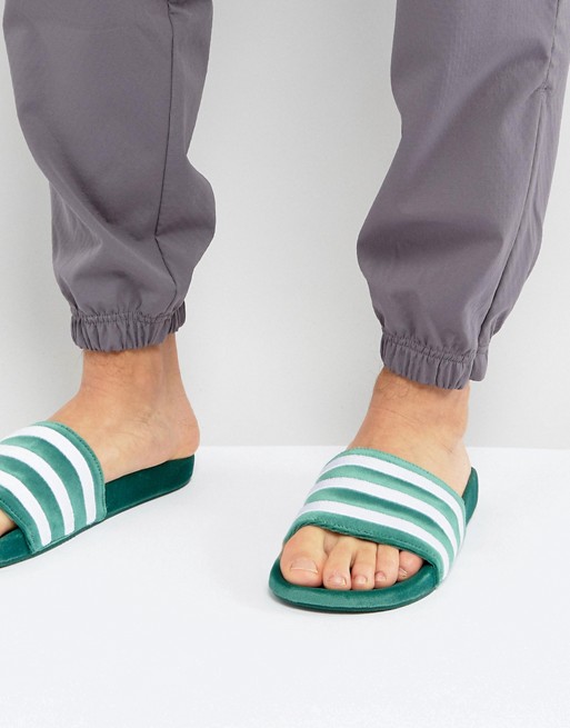 adidas Originals Adilette Velvet Slider Flip Flops In Green BY9907 | ASOS
