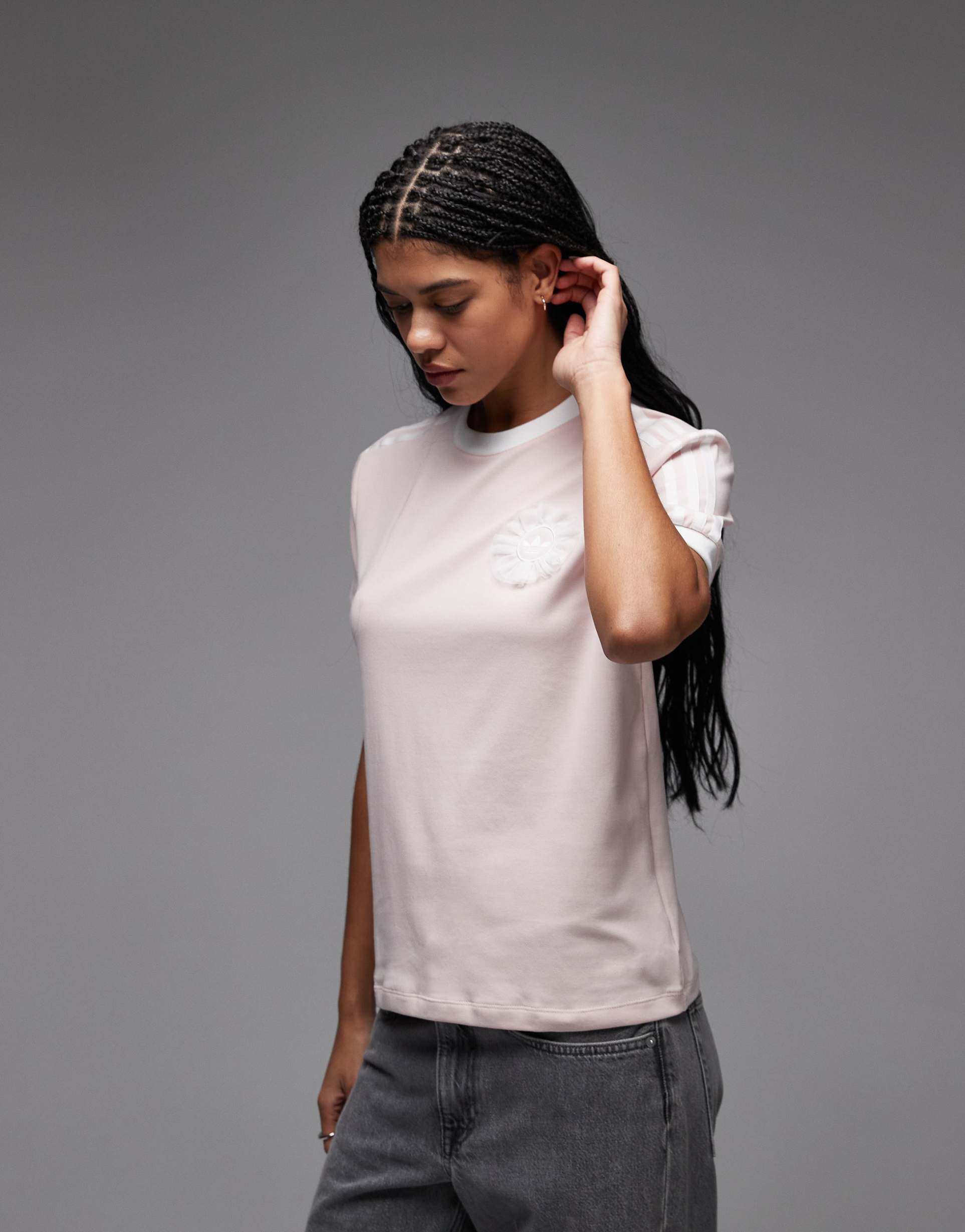 adidas originals adiluna ruffle logo detail t-shirt in pink