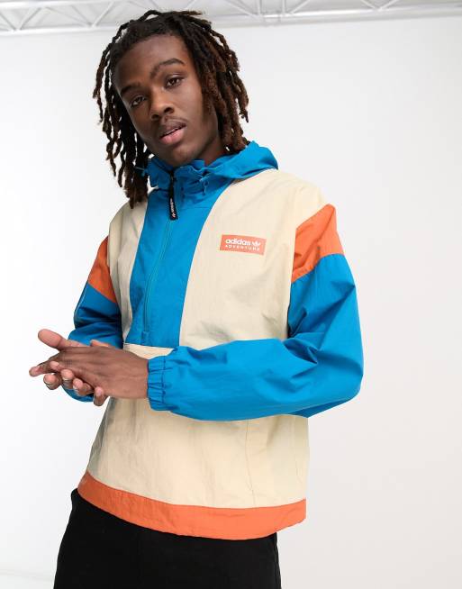 adidas Originals Adventure logo colourblock windbreaker in off white and blue