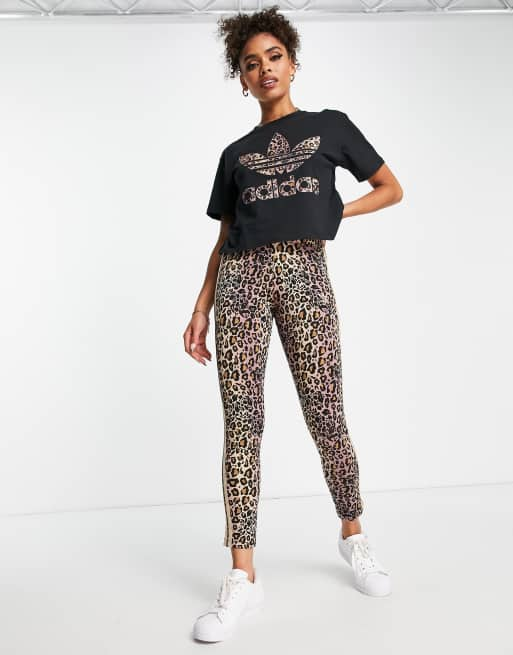 adidas Originals all over leopard print leggings in brown