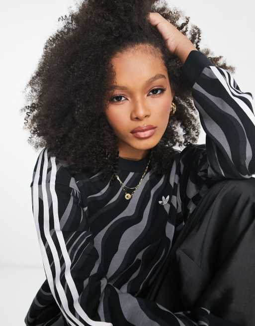 adidas Originals 'animal abstract' three stripe zebra print sweatshirt in  black | ASOS