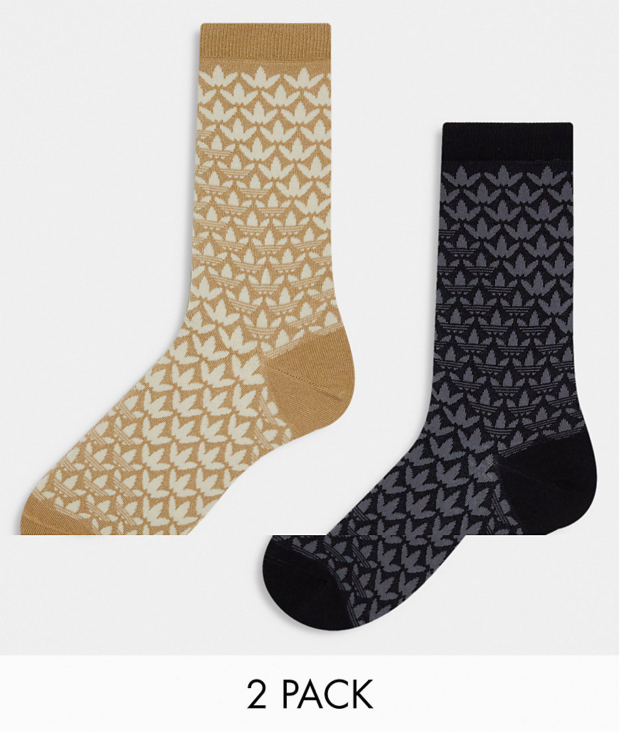 adidas Originals AOP Trefoil 2-pack socks in black and sand-Multi