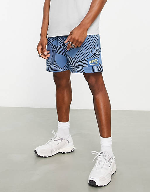 adidas Originals Athletic Club all over trefoil print shorts in blue
