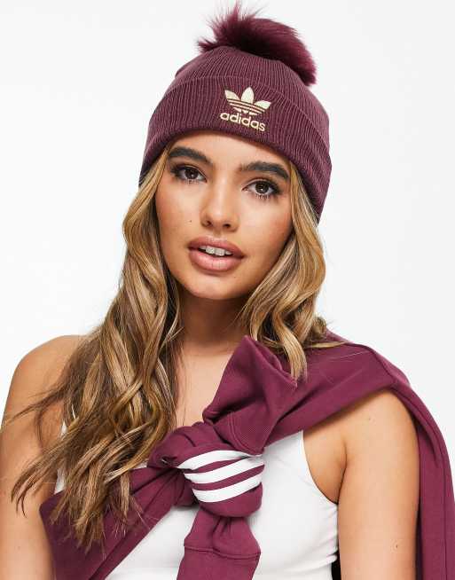 adidas Originals - Beanie met pompon van imitatiebont in kastanjebruin