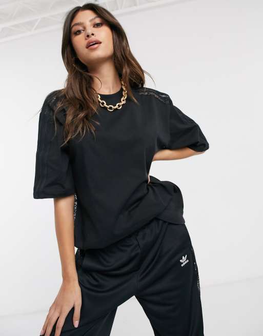 adidas Originals Bellista lace insert oversized t shirt in black