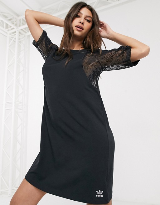 Adidas Originals Bellista Lace Insert T Shirt Dress In Black Asos