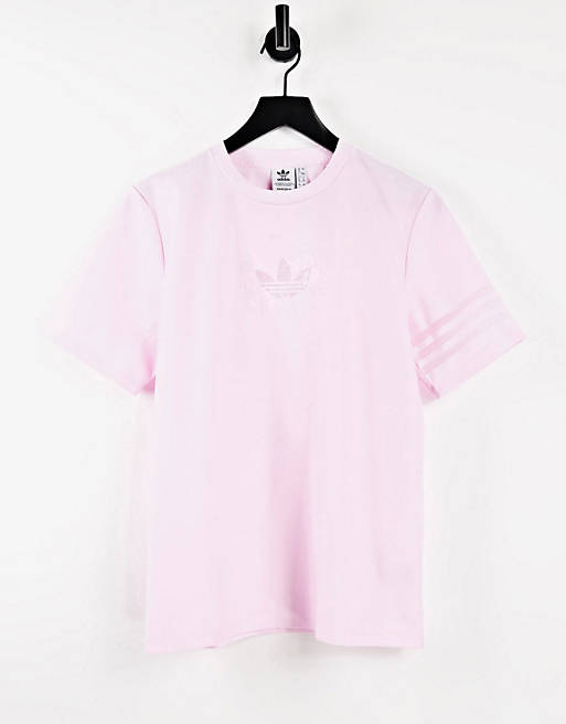 adidas Originals Bellista logo oversized shirt in clear pink with mesh stripes 