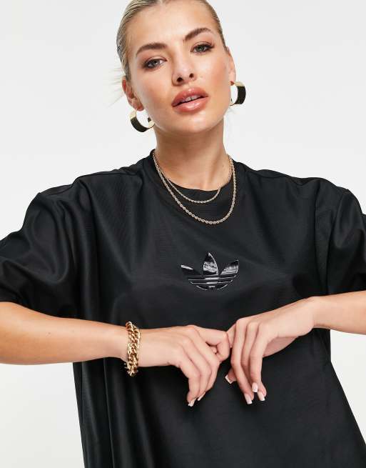 adidas Originals Bellista logo t shirt dress in black with mesh stripes