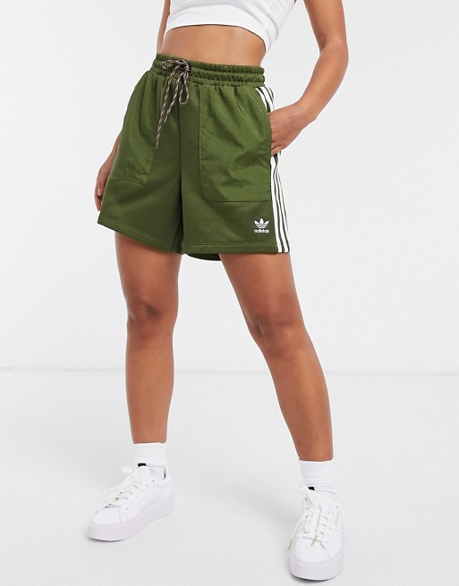 adidas Originals Bellista three stripe ripstop shorts in khaki