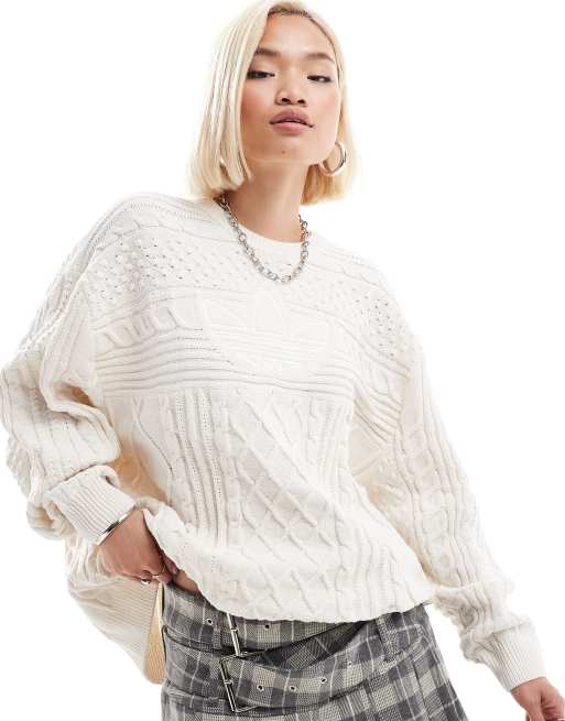 adidas Originals – Biały sweter z dzianiny o warkoczowym splocie z logo trefoil
