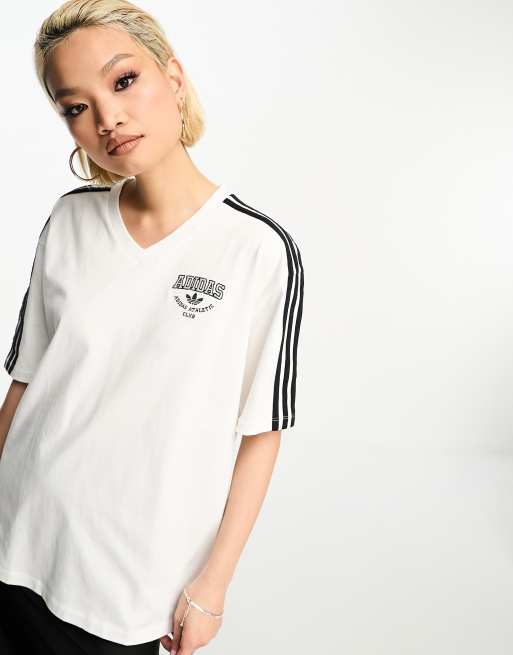 adidas Originals – Biały T-shirt o fasonie boyfriend w uczelnianym stylu