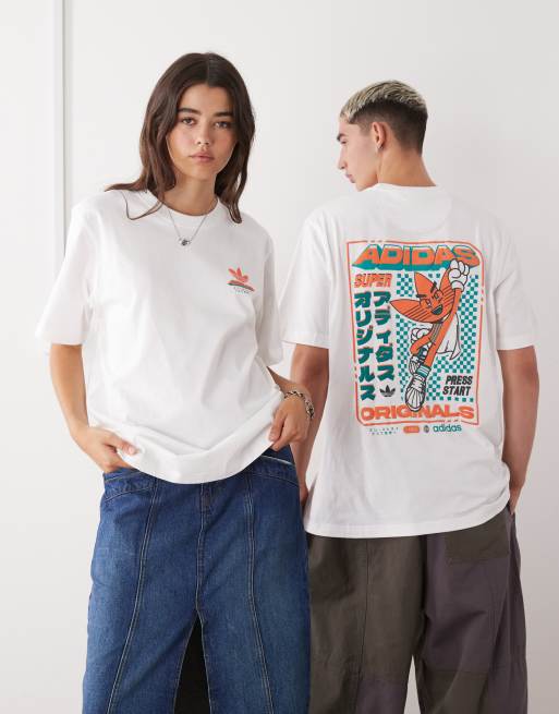 adidas Originals – Biały T-shirt z grafiką gamingową w stylu retro