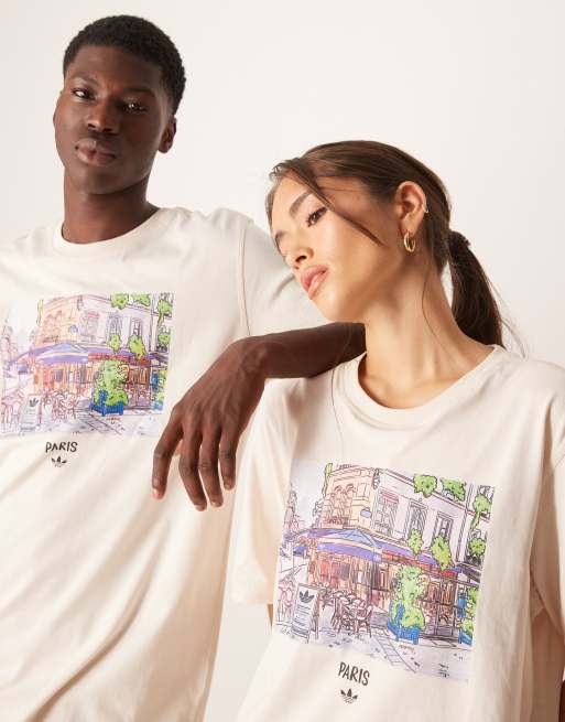 adidas Originals – Biały T-shirt z ilustracją z motywem Paryża