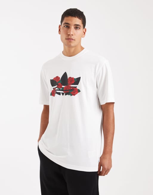 adidas Originals – Biały T-shirt z logo Trefoil z różami