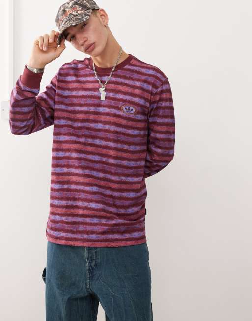 adidas Originals – Blå- och vinröd, randig t-shirt med lång ärm