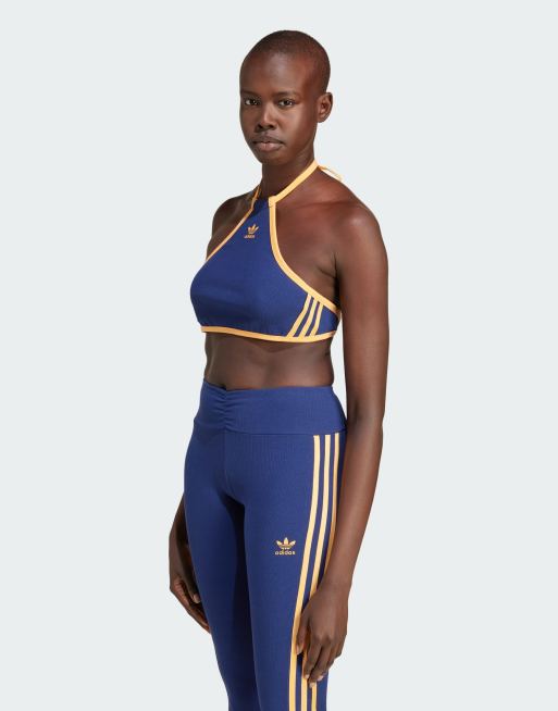 adidas Originals – Blå ribbad topp med halsdetalj