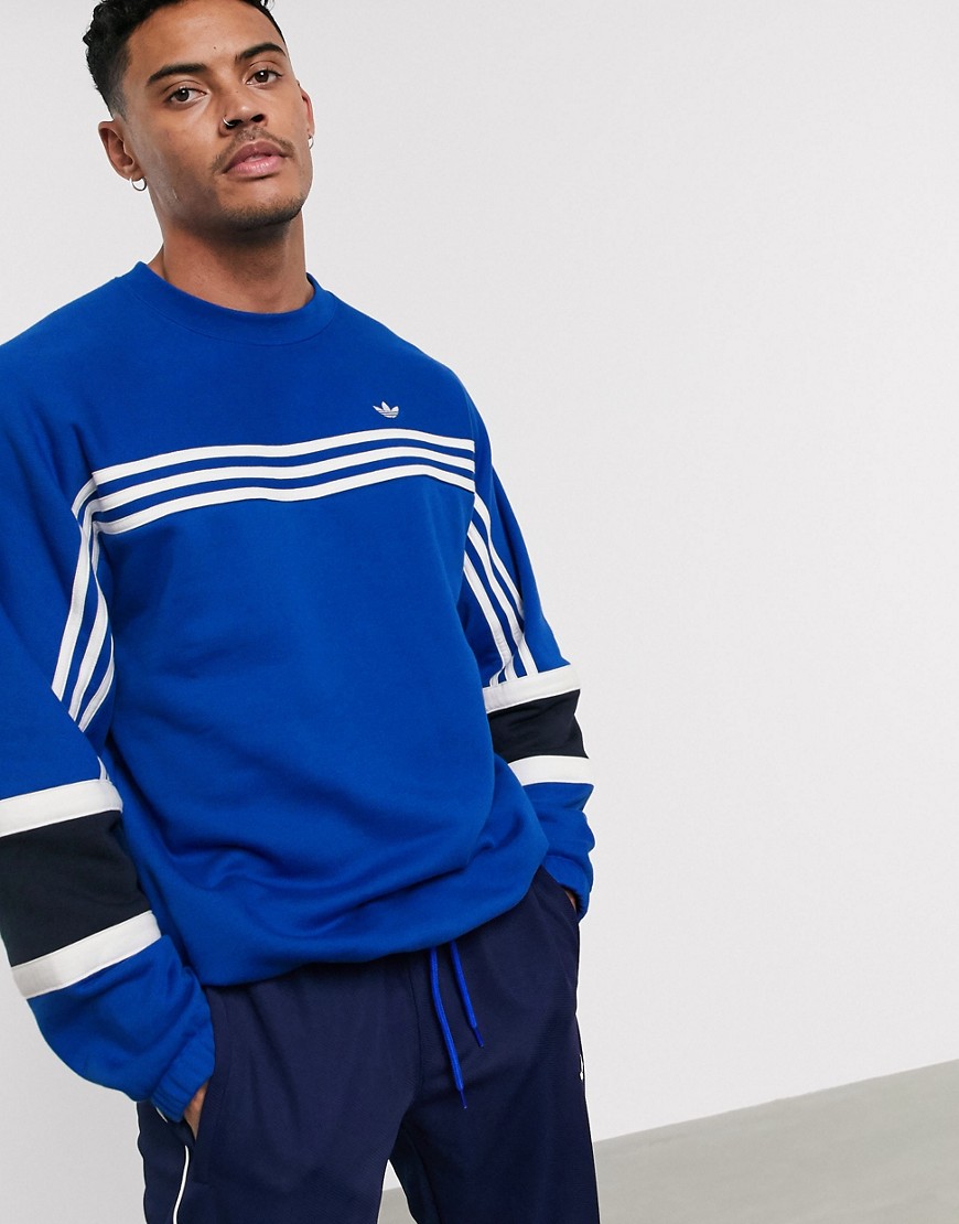 Adidas Originals – Blå sweatshirt med 3 ränder och dragskor
