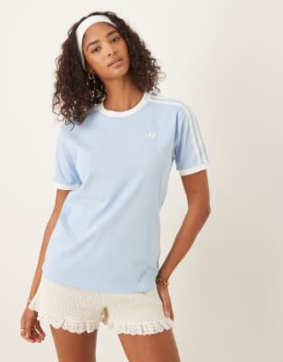 adidas Originals – Blå t-shirt med rund halsringning, volang och tre ränder - view 1
