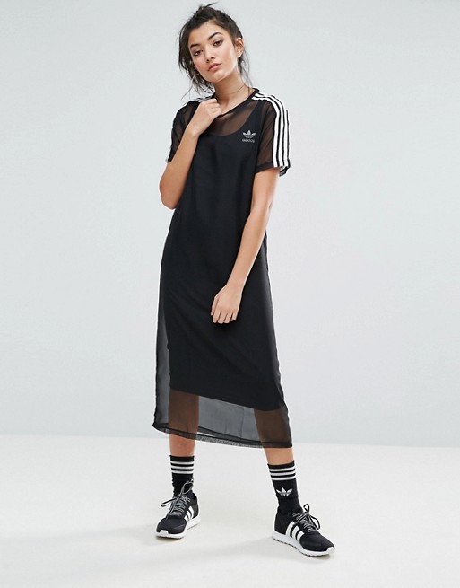 Adidas | adidas Originals Black Midi Dress With Sheer Mesh Overlay