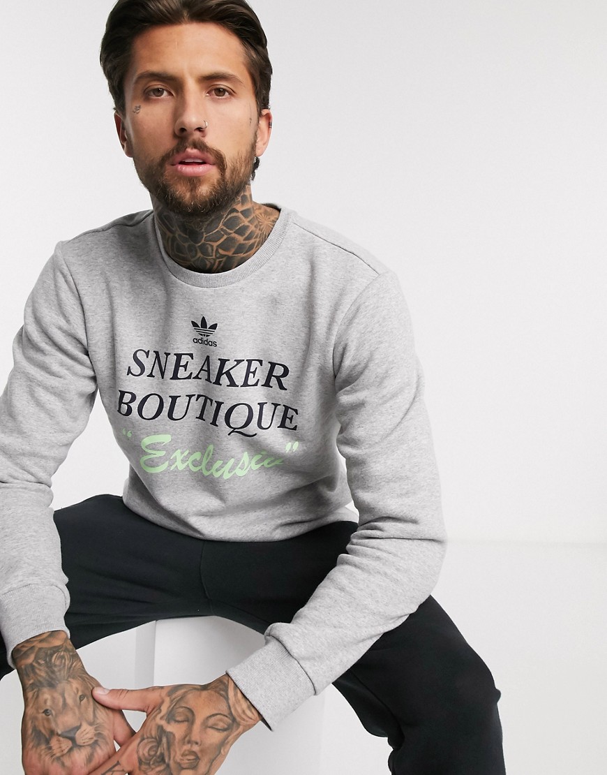 Adidas Originals bodega sweatshirt with sneaker boutique print in grey