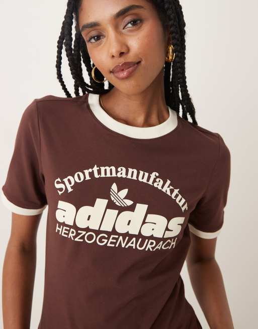 adidas Originals – Brązowo-biały T-shirt z logo w stylu retro