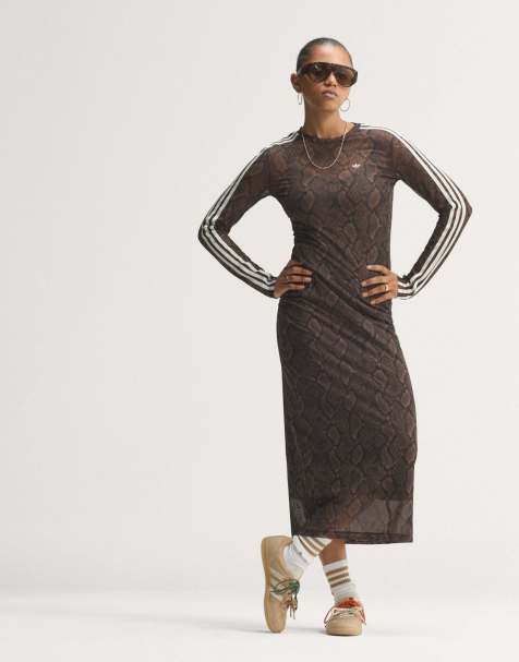 adidas Originals – Brun, ormskinnsmönstrad maxiklänning - view 1