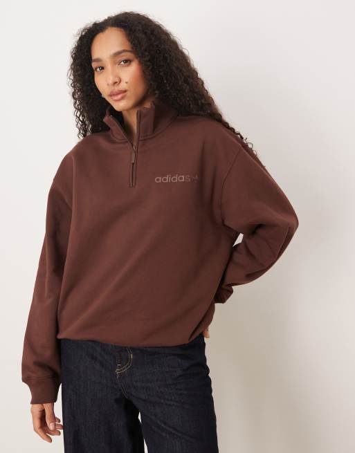 adidas Originals – Brun sweatshirt med linjär logga och kort dragkedja